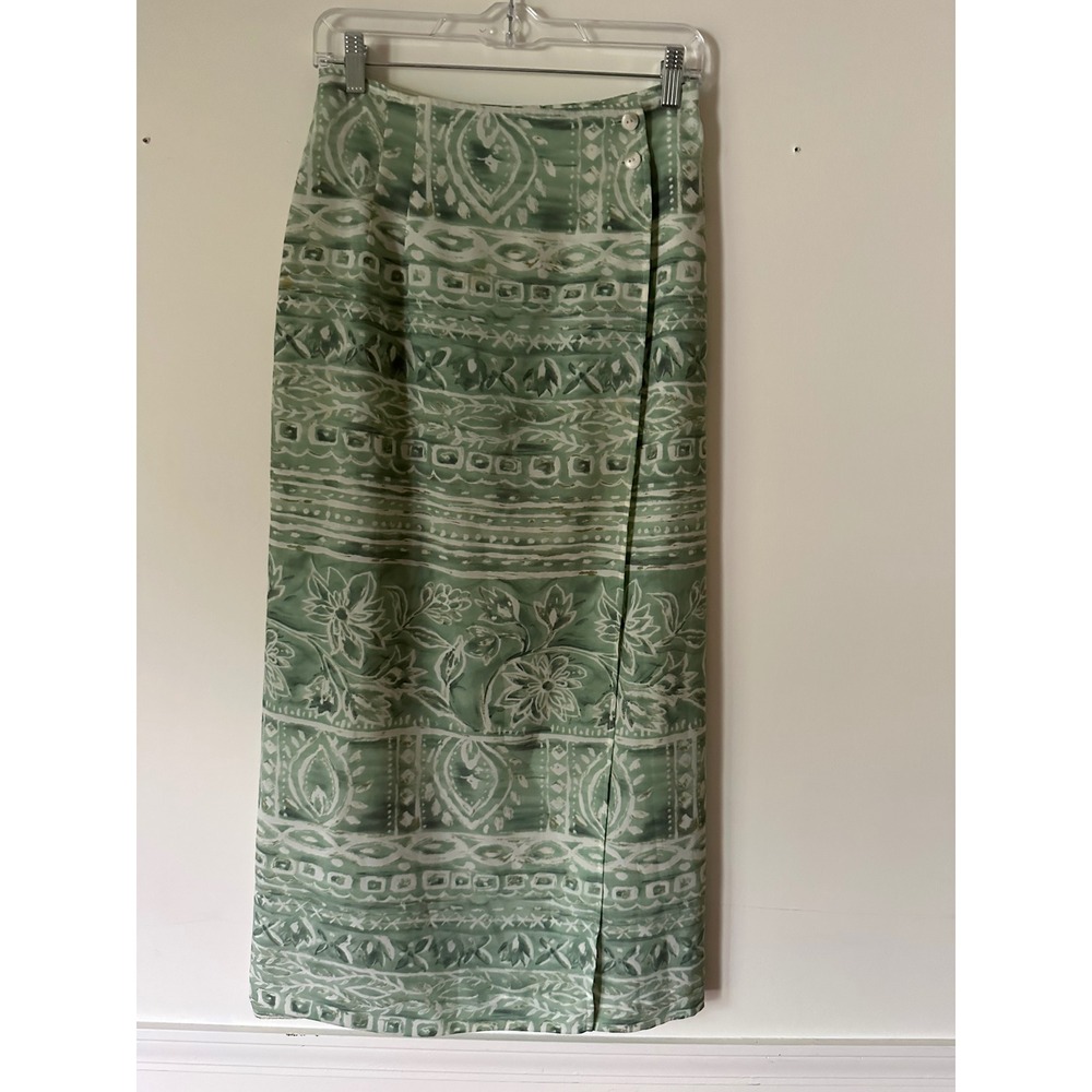 Vintage Express Boho Sage Green Floral Batik Maxi Wrap Skirt 90s Made in USA  M